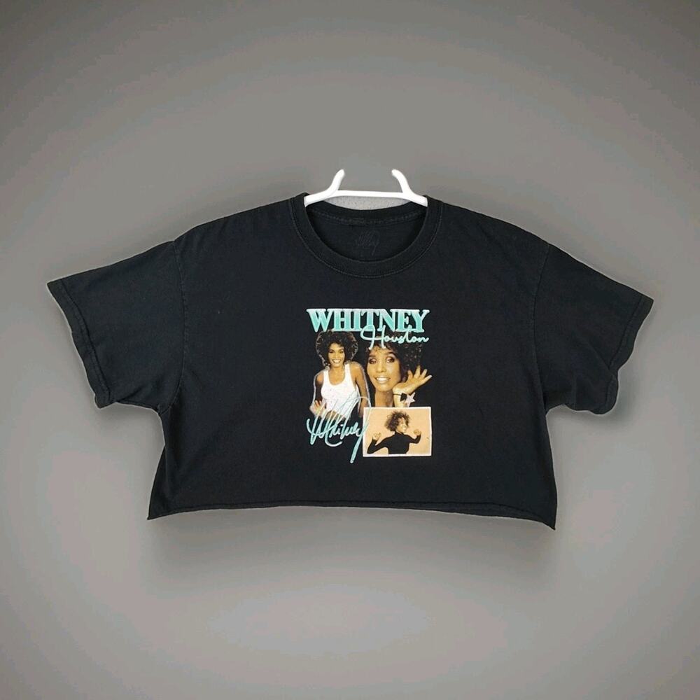 Whitney Houston Shirt Womens Large Black Crop Top Crew Neck T Shirt Short Sleeve